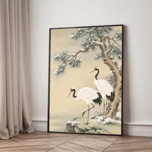 Tranh Canvas Phong Thủy Tùng Hạc Diên Niên Dưới Tuyết Trắng