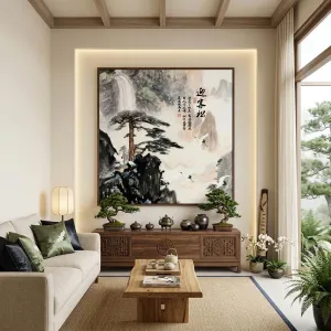 Tranh Thủy Mặc Cổ Điển: Tùng, Hạc và Non Nước