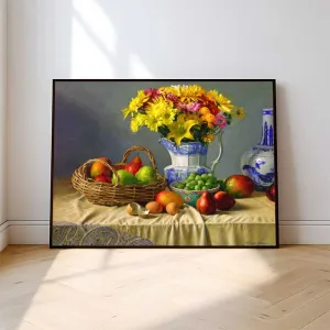 Tranh Tĩnh Vật In Canvas Giỏ Hoa Quả Và Bình Hoa Cúc Trang Trí Cổ Điển