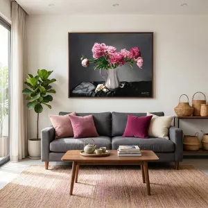 Tranh tĩnh vật bình hoa mẫu đơn hồng sang trọng nghệ thuật