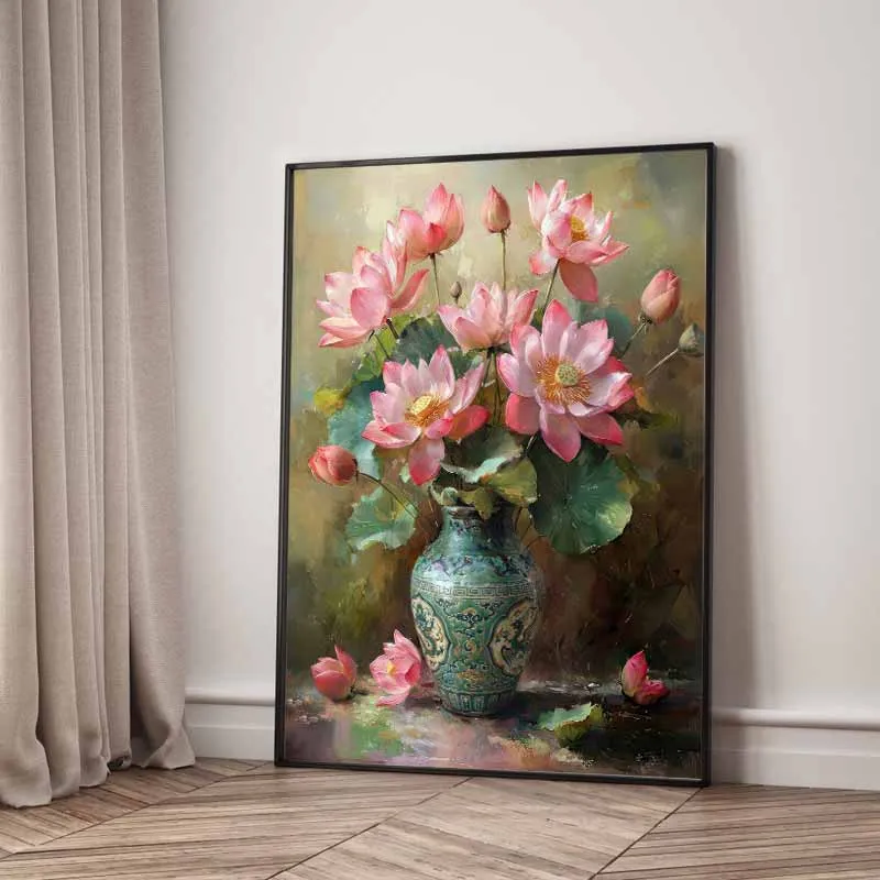 Tĩnh Vật Bình Hoa Sen Hồng - Nét Đẹp Á Đông