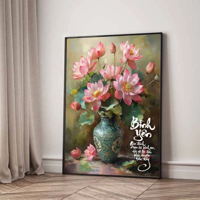 Tĩnh Vật Bình Hoa Sen Hồng - Nét Đẹp Á Đông