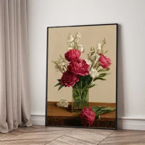 Tranh Canvas Tĩnh Vật Bình Hoa Mẫu Đơn Đỏ Cổ Điển Nghệ Thuật