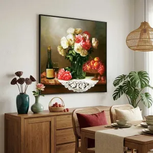 Tranh Tĩnh Vật Hoa Hồng, Rượu Vang Và Trái Cây Phong Cách Cổ Điển In Canvas