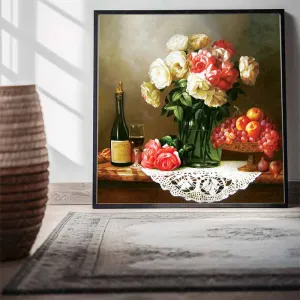 Tranh Tĩnh Vật Hoa Hồng, Rượu Vang Và Trái Cây Phong Cách Cổ Điển In Canvas