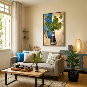 Tranh Tĩnh Vật Hoa Vàng Nền Xanh Cổ Điển