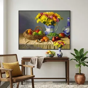 Tranh Tĩnh Vật In Canvas Giỏ Hoa Quả Và Bình Hoa Cúc Trang Trí Cổ Điển