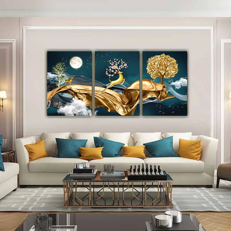 Tranh trừu tượng hiện đại đàn nai và cây lá vàng