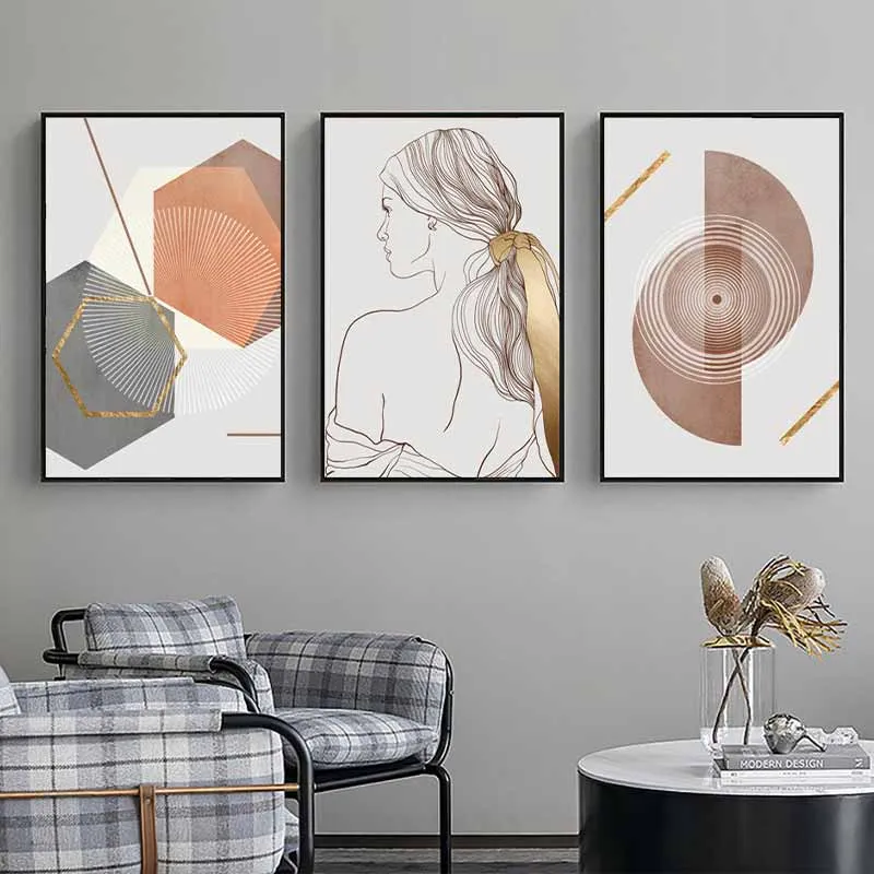 Tranh trừu tượng khối hình lục giác, hình tròn và đường nét cô gái