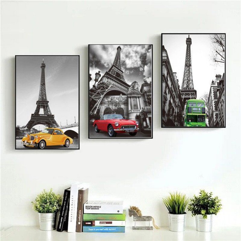 Tranh xe ô tô và tháp Eiffel
