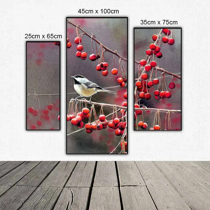 Tranh bộ 3 tấm ghép chim và hoa