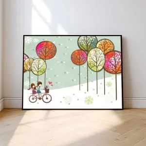 Tranh In Canvas Cặp Đôi Đạp Xe Dưới Tuyết Mùa Đông Dễ Thương