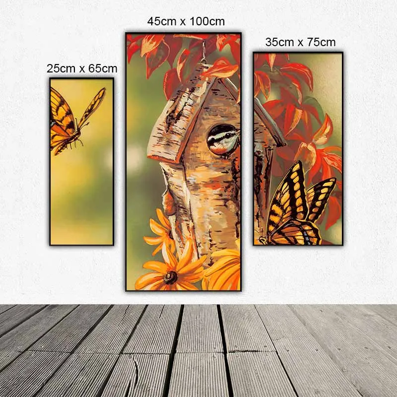 Tranh bộ 3 tấm ghép chim và hoa