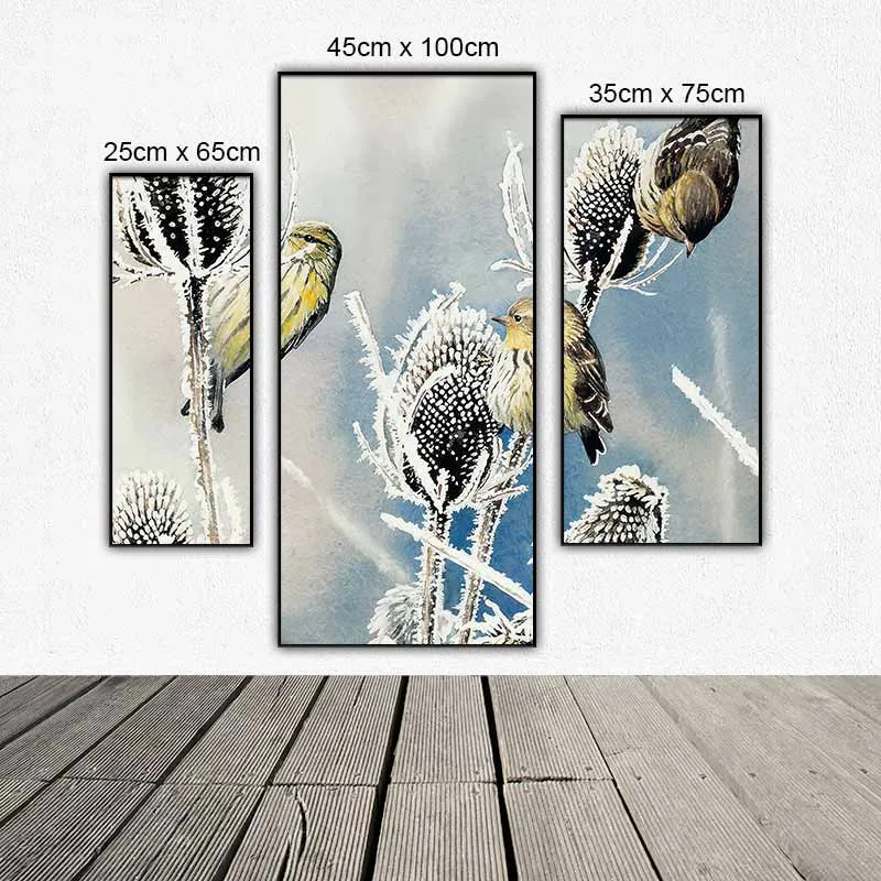 Tranh bộ 3 tấm ghép chim và hoa