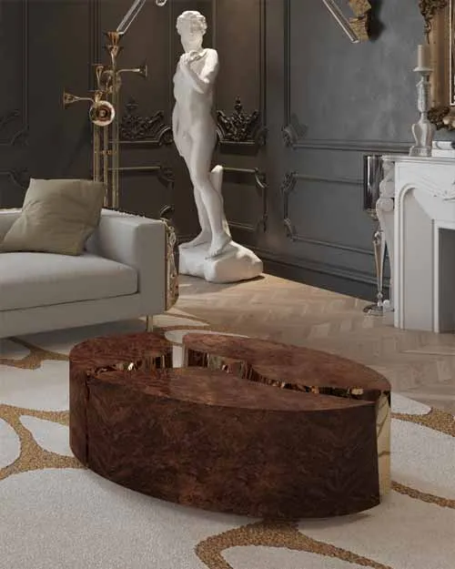 Bàn oval bằng đá lapiaz màu gỗ óc chó đặt ngay trung tâm | BOCA DO LOBO