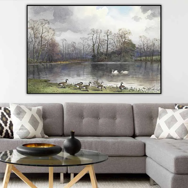 Tranh phong cảnh màu nước thiên nga và ngỗng Canada trên hồ