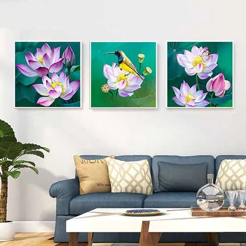 Tranh hoa sen và chim hút mật (chim ruồi)