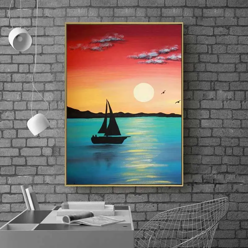 tranh phong cảnh đẹp với chiếc thuyền trên mặt nước trong xanh