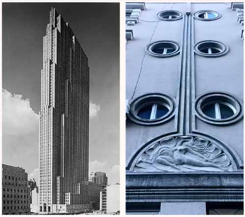 30 Rockefeller Plaza, NY, 1933, bởi Raymond Hood và bức phù điêu trên một tòa nhà Art Deco ở Belgrade, Serbia, ảnh: Shira Wolfe