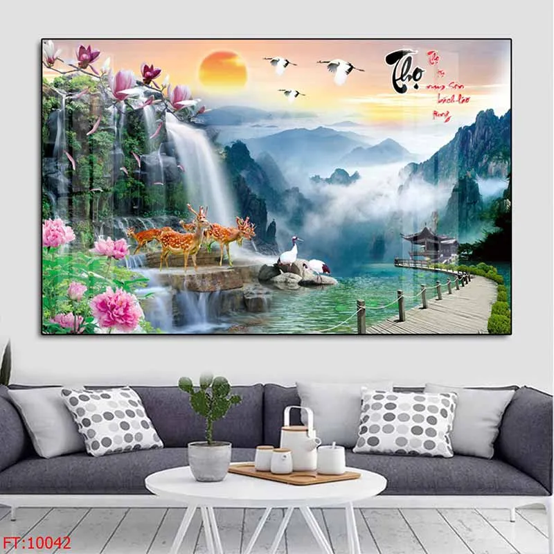 Tranh sơn thủy hươu nai và đàn chim hạc