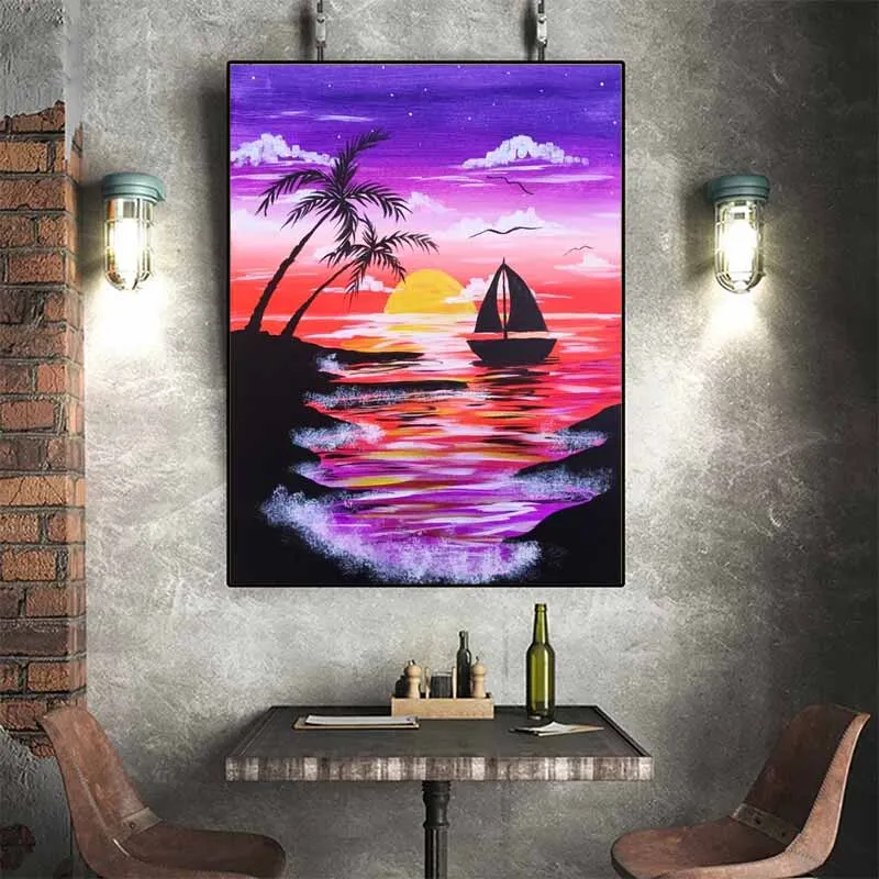 Tranh phong cảnh cây dừa mọc trên bãi biển và bóng của một con thuyền