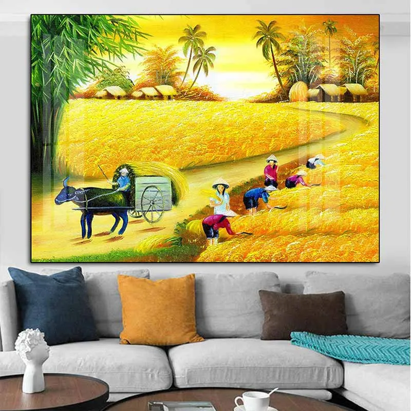 Tranh đồng quê cánh đồng lúa vàng