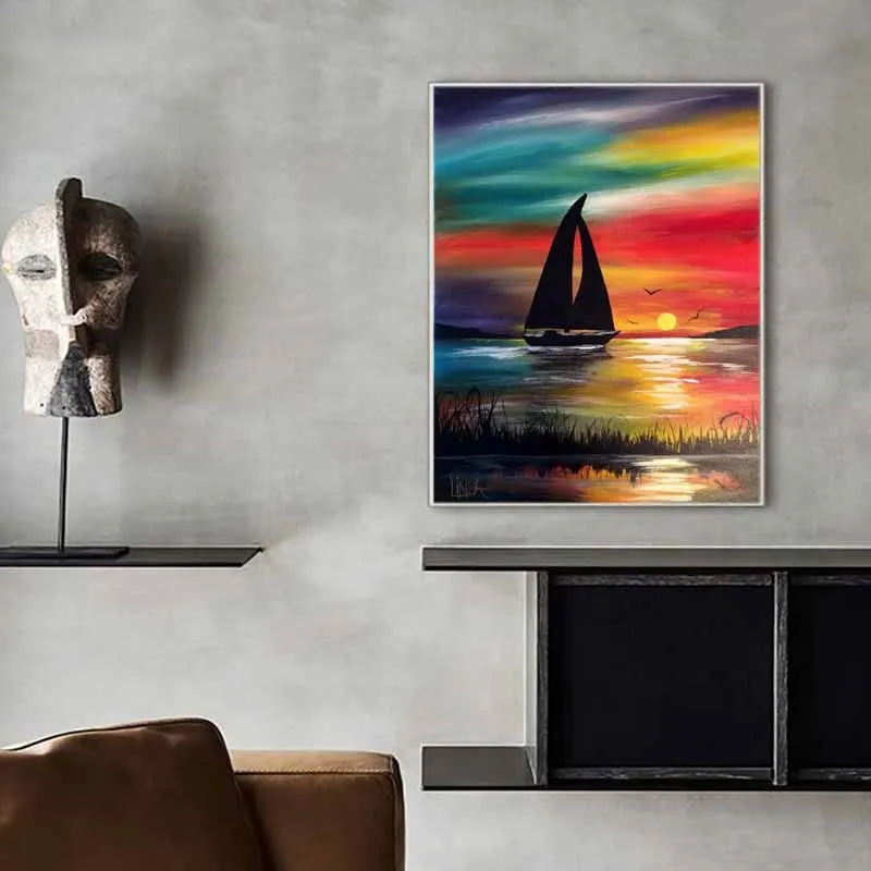 Tranh phong cảnh con thuyền trên sông buổi hoàng hôn