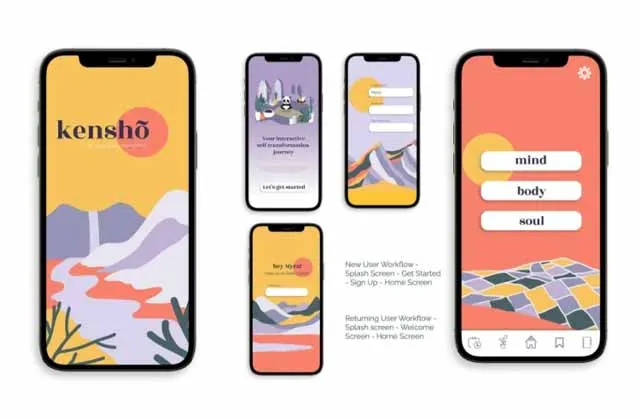Hình ảnh minh họa nhẹ nhàng cung cấp phông nền cho ứng dụng phúc lợi Kensho, được thiết kế bởi Muskaan Gupta.