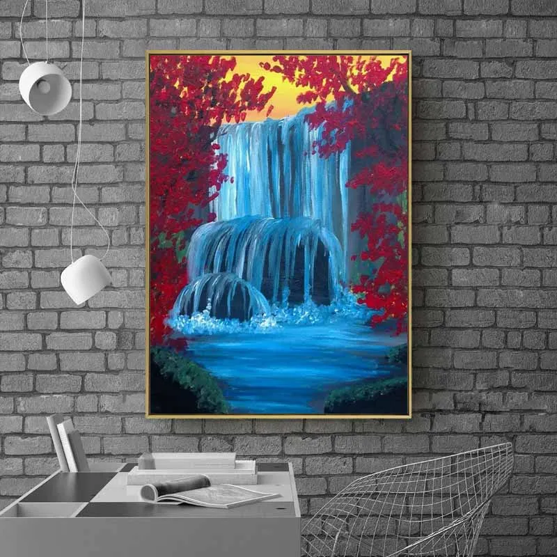 Tranh phong cảnh thác nước và hàng cây hoa màu đỏ