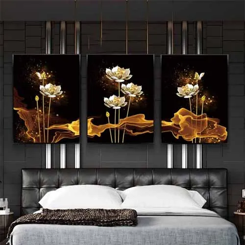 Tranh canvas hoa sen trắng trên nền vàng đen trừu tượng