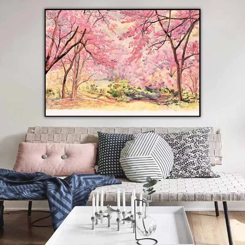 Tranh màu nước phong cảnh hoa hồng đỏ