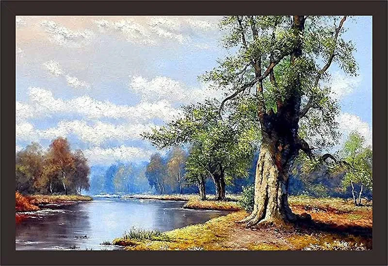 Tranh phong cảnh một cấy lớn xanh tươi đứng bên cạnh dòng sông