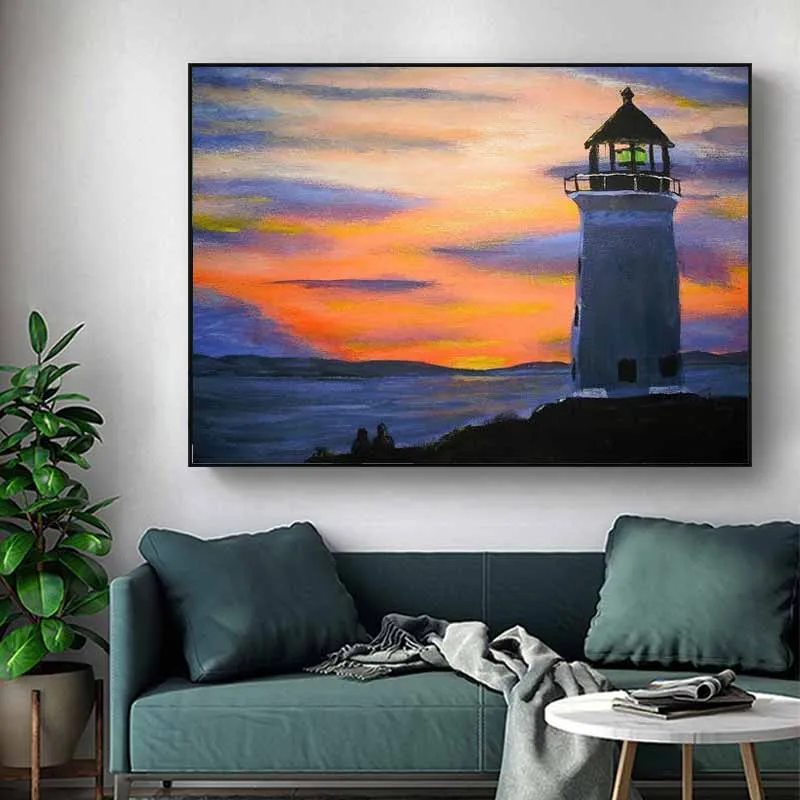 Bức tranh phong cảnh bình minh và ngọn hải đăng