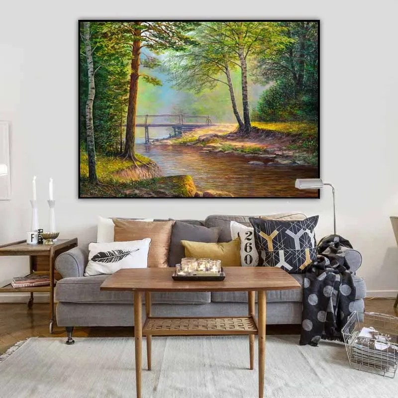 Tranh phong cảnh rừng với cây cầu bắc qua con suối