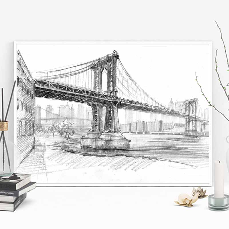 Tranh vẽ chì phong cảnh một chiếc cầu Manhattan và phí xa là dãy tòa nhà chọc trời ở New York