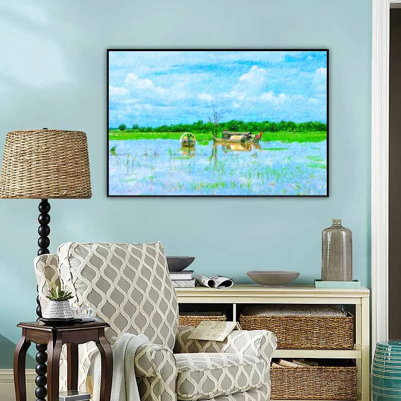 Tranh phong cảnh sông nước ở Capuchia bằng chì màu