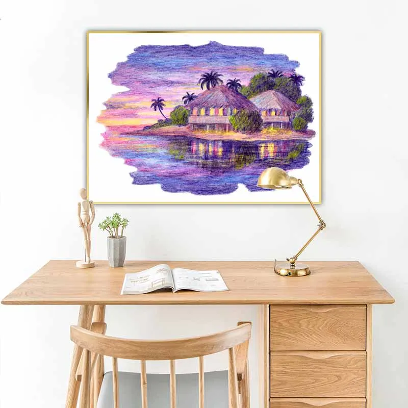 Căn nhà gỗ vào buổi hoàng hôn được vẽ bằng bút chì màu