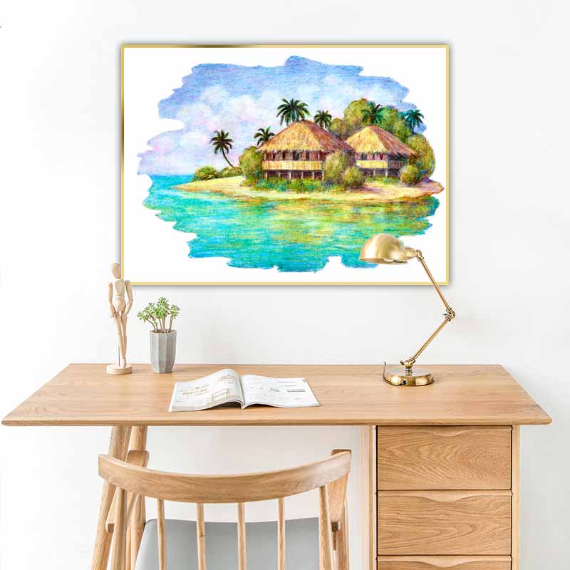 Tranh phong cảnh căn nhà gỗ trên bãi biển vẽ bằng chì màu