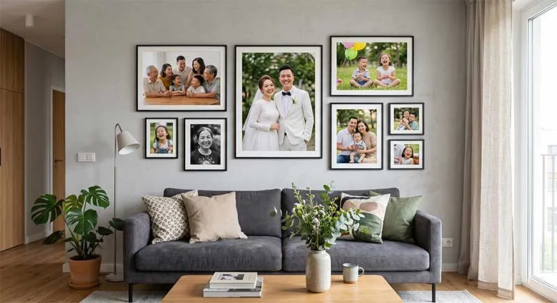 Trang trí phòng khách hiện đại bằng bộ tranh canvas in ảnh gia đình được sắp xếp theo bố cục gallery wall tinh tế