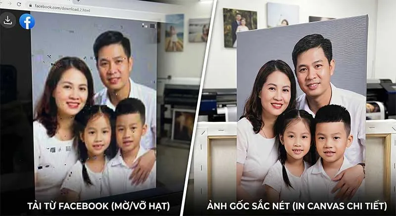 So sánh chất lượng file ảnh độ phân giải thấp và file ảnh chuẩn 300dpi khi in tranh canvas khổ lớn.