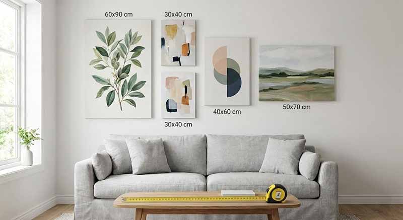 Mô phỏng các kích thước tranh canvas treo tường phổ biến so với ghế sofa.
