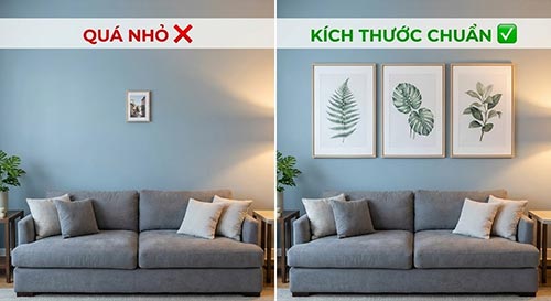 Một bức ảnh so sánh 2 trường hợp: Bên trái là tranh quá nhỏ trên sofa lớn (nhìn lọt thỏm), bên phải là tranh kích thước chuẩn (nhìn hài hòa).