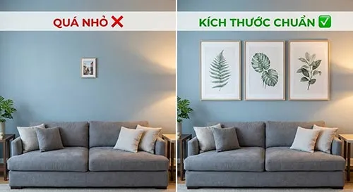 Một bức ảnh so sánh 2 trường hợp: Bên trái là tranh quá nhỏ trên sofa lớn (nhìn lọt thỏm), bên phải là tranh kích thước chuẩn (nhìn hài hòa).