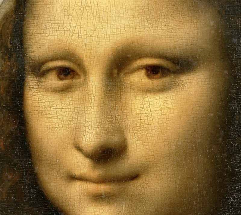 Cận cảnh nụ cười và đôi mắt Mona Lisa thể hiện kỹ thuật vẽ Sfumato