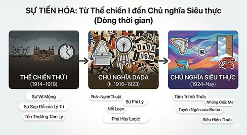 Một sơ đồ Timeline đơn giản từ Thế chiến I -> Dadaism -> Surrealism