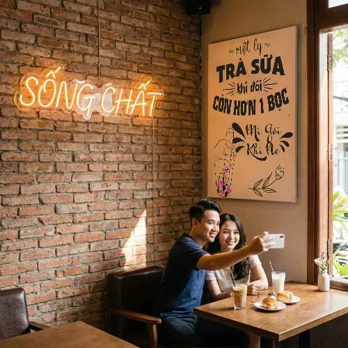 Tranh động lực treo quán một ly trà sữa khi đói bằng một bọc mì gói khi no