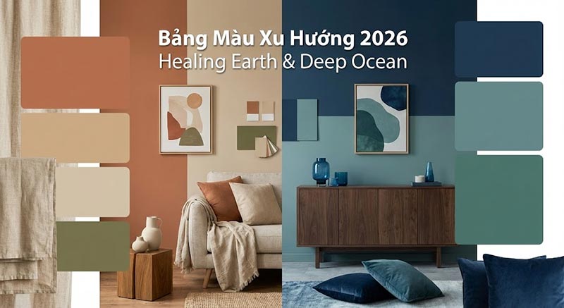 Bảng màu xu hướng 2026 với tông Healing Earth và Deep Ocean cho nội thất