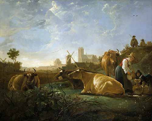 Một góc nhìn xa của Dordrecht, với một cô gái vắt sữa và bốn con bò
