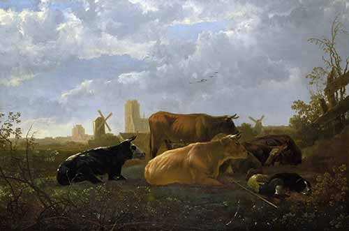 Một cảnh ở xa của Dordrecht, với một người chăn gia súc đang ngủ và năm con bò