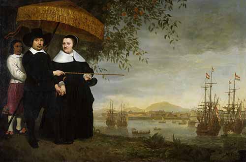 Một thương gia cao cấp của Công ty Đông Ấn Hà Lan và vợ; phía sau là cảnh hạm đội trên các con đường của Batavia